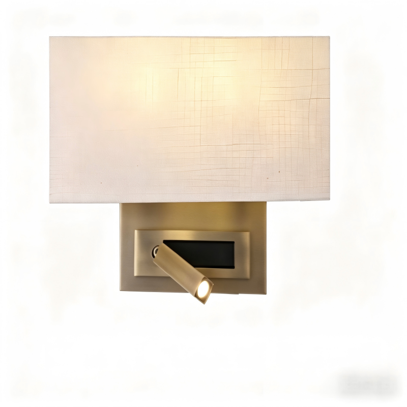 Brushed Brass Dual LED Wall Sconce with Fabric Shade & Reading Light