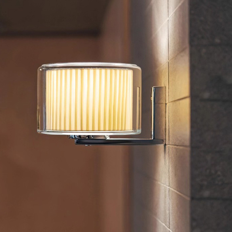 Modern Chrome LED Wall Sconce with Double Glass & Fabric Shade
